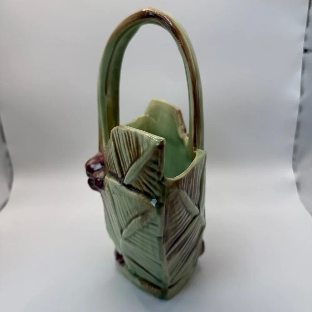 Vintage McCoy Pottery Leaf and Berry Basket Planter Green Brown Glossy USA